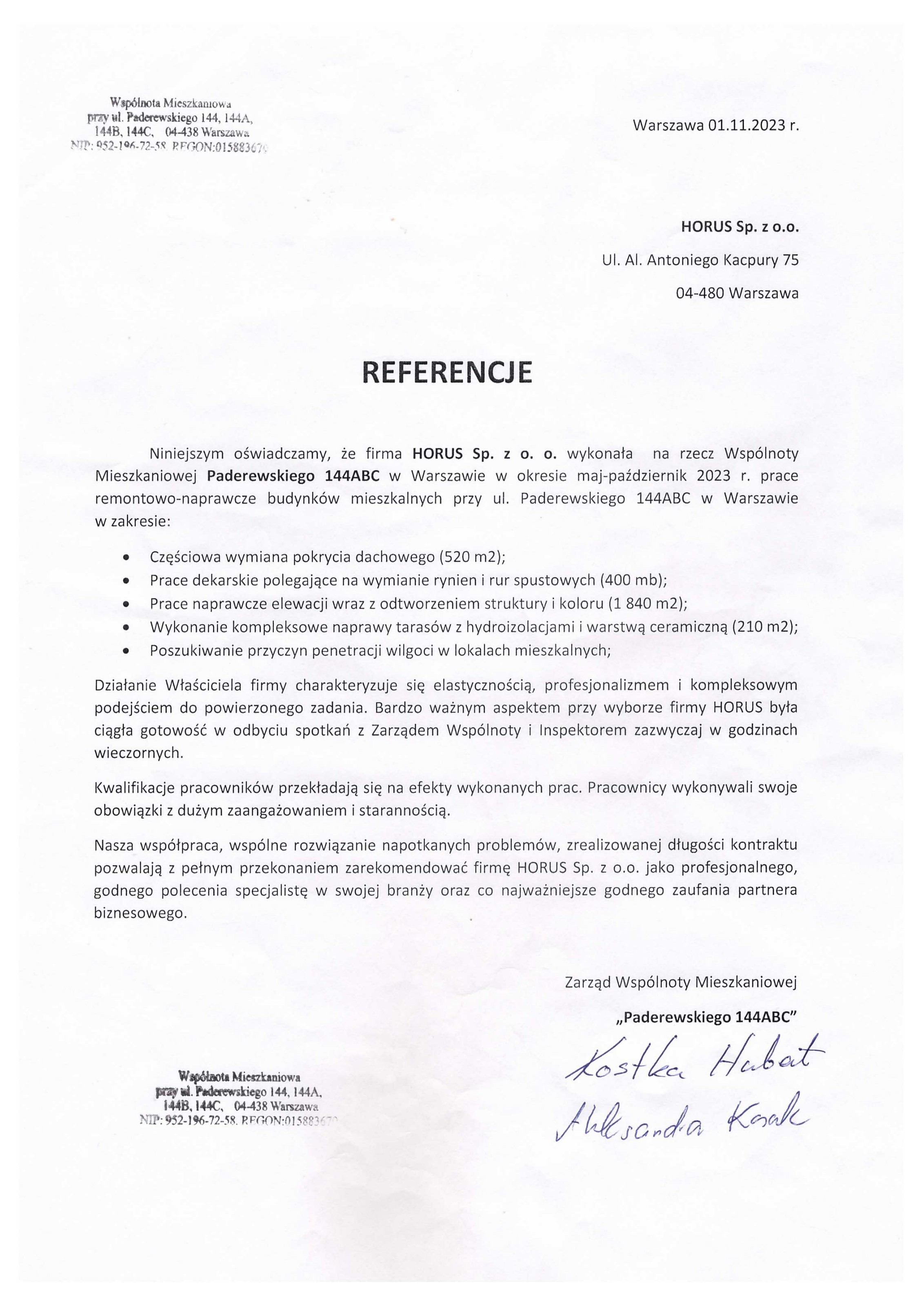 Skan listu referencyjnego — Wspólnota Mieszkaniowa „Paderewskiego 144ABC”