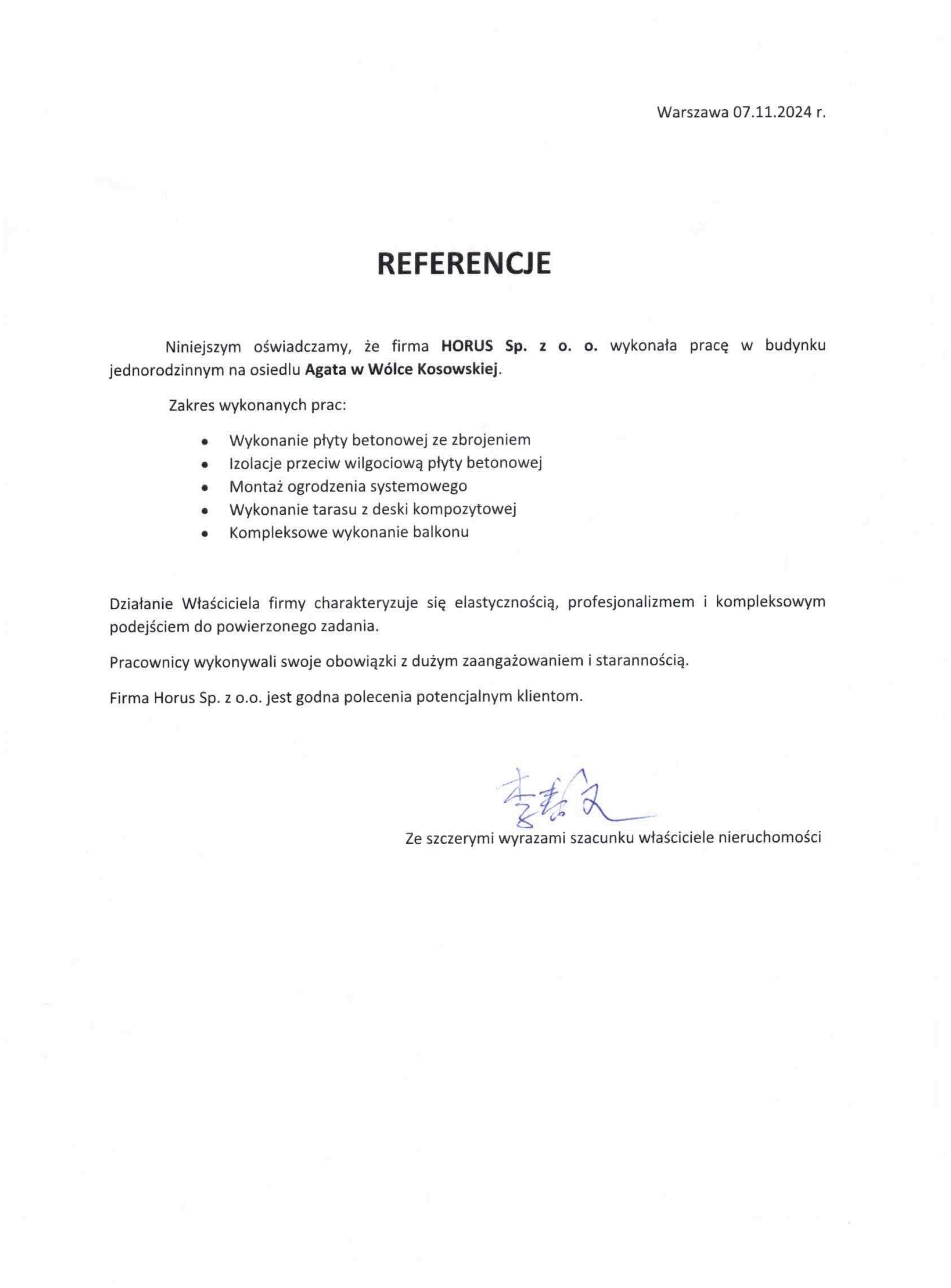 Skan listu referencyjnego — Inwestor prywatny — osiedle Agata